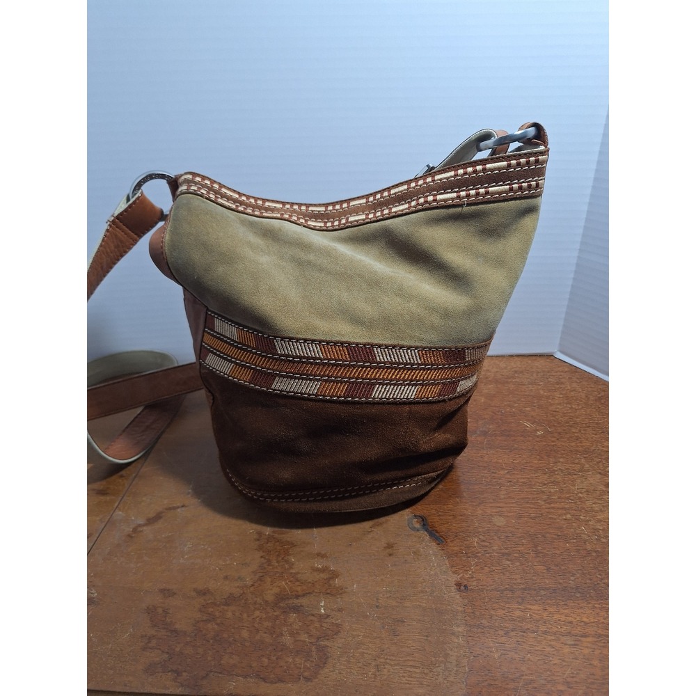TOMS Suede‎ Leather Crossbody Bucket Bag Brown Olive Boho Woven Trim
